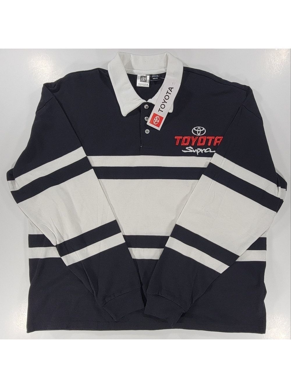 Toyota Supra Rugby Striped Polo Shirt Men's Medium Black White Long Sleeve NWT